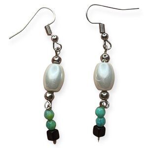 Y2K Mixed Bead Onyx Turquoise Faux Pearl Drop Earrings 2.25" White Black Boho